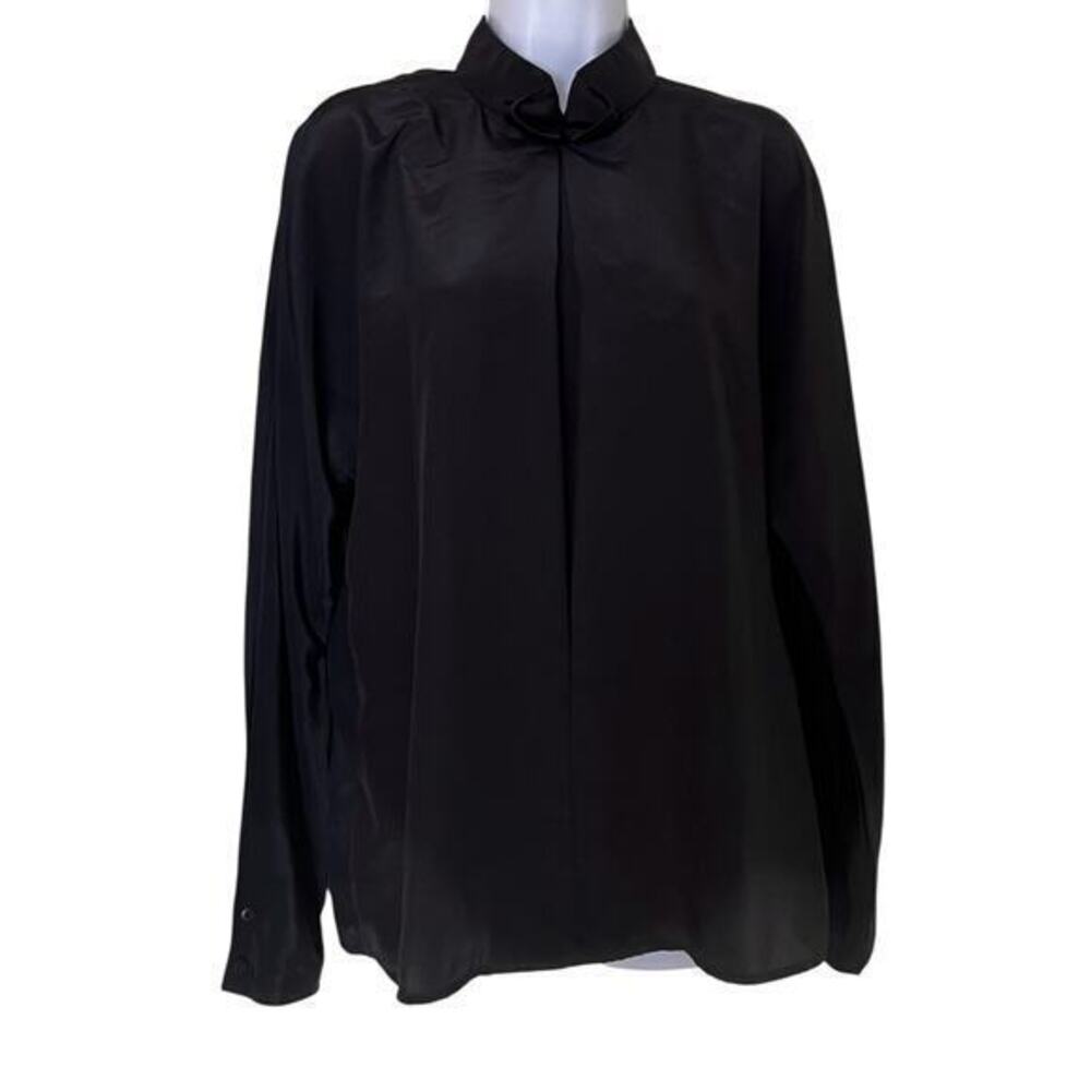 REGINA PORTER VTG Black High neck satin long sleeve high collar blouse sz 12